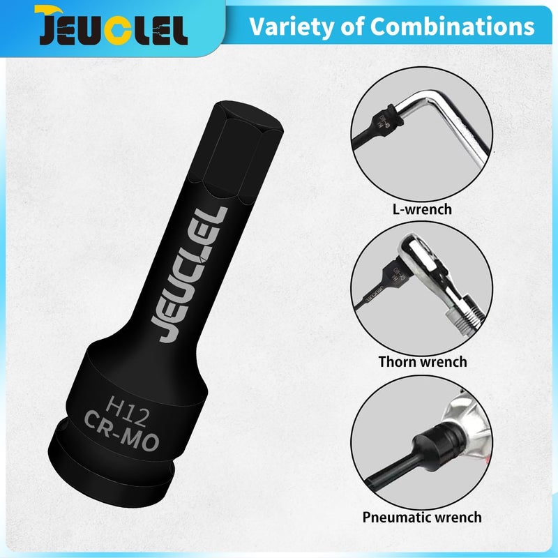 JEUCLEL 12mm Hex Impact Bit Socket, H12 1/2-Inch Impact Drive Allen Socket, Cr-Mo Steel Lengthen Hex Screwdriver Adapter for Electric Ratchet Wrenches Fastening Screws - Image 2